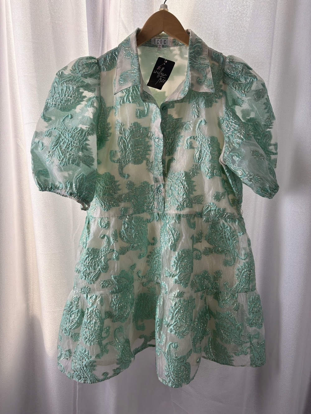 TCEC Boutique Organza Dress Teal White Knee Length NWT Willow Tree Size Large